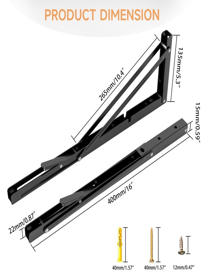 LSK Folding Shelf Brackets, 16 Inch Heavy Duty Collapsible Shelf Bracket, Wall Mounted L Table Hinges Brackets for Bench Table, Space Saving DIY Black Bracket, Max Load 220lb, Pack of 2 - Image 2
